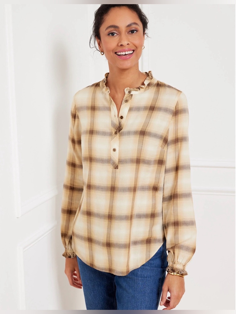 Talbots Ruffle Trim Popover // Sunrise Plaid Tan // 2X // NEW